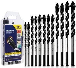 12-Piece Masonry Drill Bit Set - Carbide Tip for Glass Tile Brick Cement Concrete Wood - Professional Strength