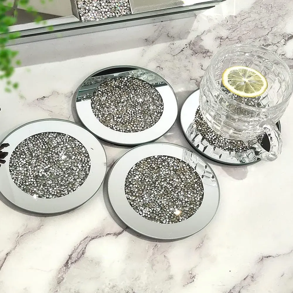 Glass Mirror Cup Mats Coasters For Drinks Set of 4, Diamond Round Square 4 Inch Table Decor, Decorative Coaster, Modern Bar Tool Dining Room Accessories