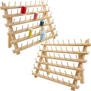2X60 Spools Wooden Thread Rack Thread Holder Organizer with Hanging Hooks for Embroidery Quilting and Sewing threads