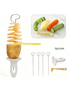 1 Set/6-Piece Multi-Function Spiral Potato Slicer, Stainless Steel Manual Tornado Vegetable Cutter, Does Not Include Flint Or Magnesium Rod, Ideal For Barbecue And Camping Kitchen Tools