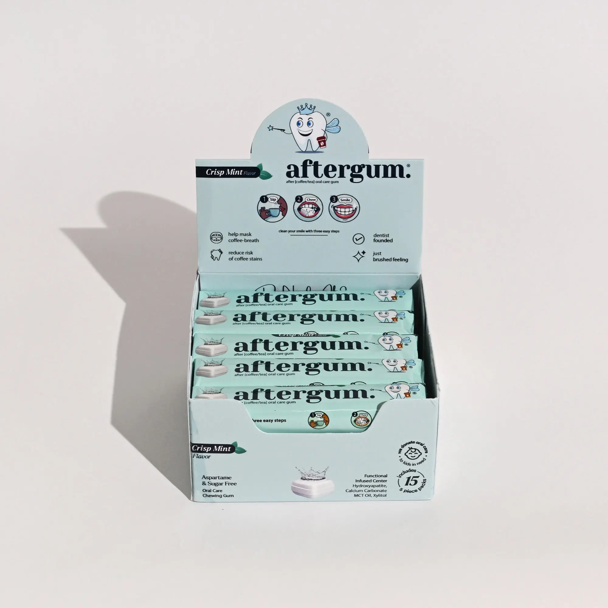 aftergum Oral Care Chewing Gum, Dentist Formulated for Coffee & Tea Drinkers, Sugar Free Gum with Hydroxyapatite, Xylitol & Calcium Carbonate, Fresh Breath After Every Sip, Crisp Mint, Individually Wrapped, 15-Pack Box (75 Pieces)