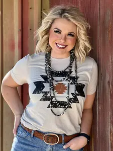 Texas True Threads Fremont Cream Aztec Tee Women's Graphic T-Shirt Crew Neck Short Sleeve Casual Summer Top Black Brown Aztec Design Fitted Style