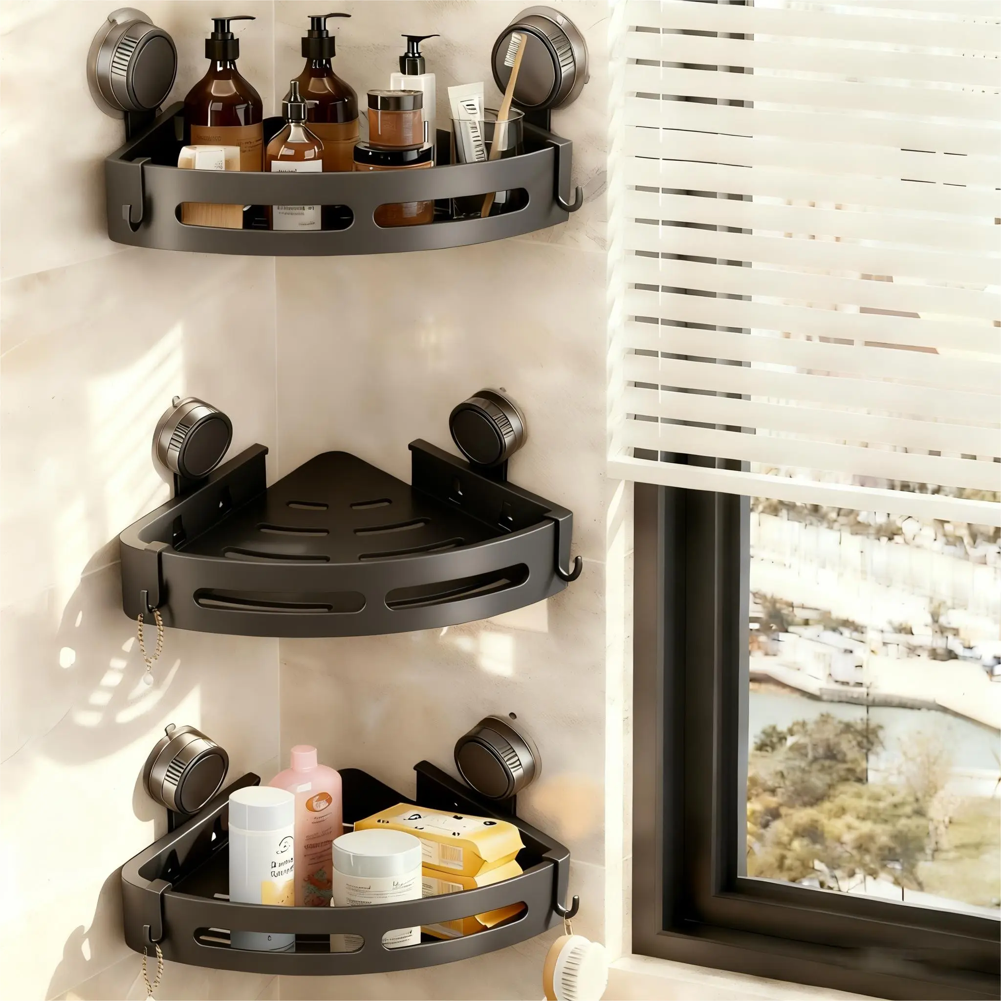 Mother'sday gift house white official tiktok-Corner Shower Caddy Suction Cup, 2 Pack Corner Shower Shelves No Drilling, Aluminum Upgrade Suction Cup Shower Organizer with Hooks Removable Bathroom Storage Rack, Bathroom Decor