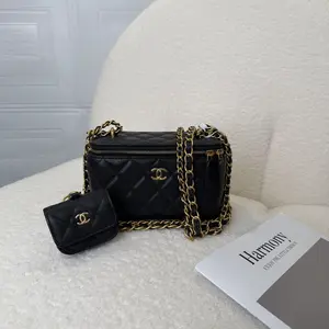 Pre-owned CHANEL Black Caviar Leather Vanity Case with Gold Hardware, Mother & Mini Set, Chip Version HK