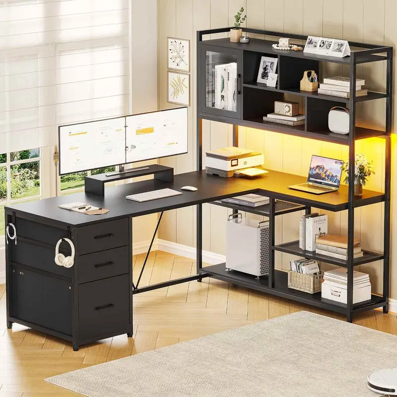 [SummerSale] Sikaic 58 Inches L Shaped Gaming Desk with LED Light 3 Drawers and Bookshelf Storage Shelves Home Office Furniture Modern Open Bookcase Sturdy Computer Desk Computer Laptop Desk, Home Furniture, Dorm Essentials