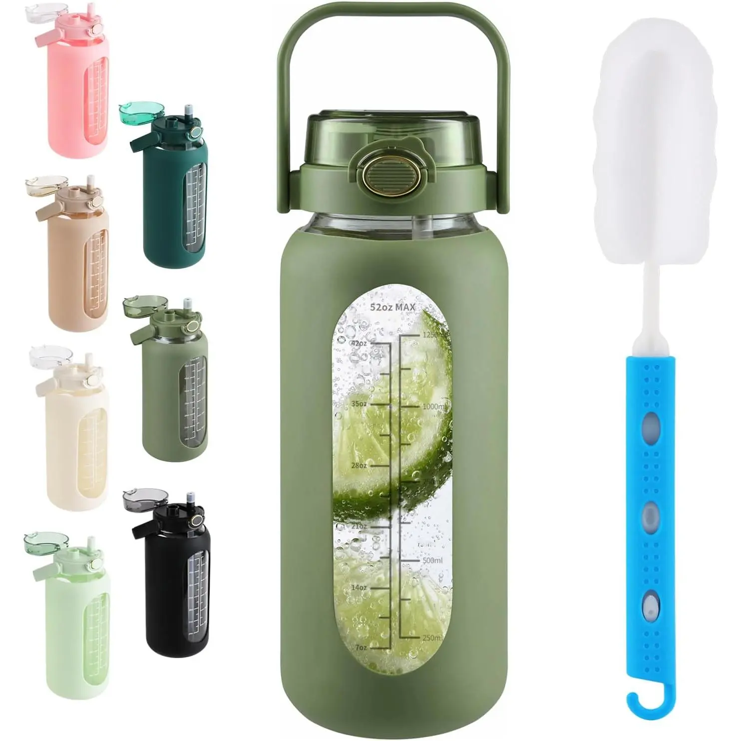 64oz Half Gallon Portable Motivational Glass Water Bottle with Straw, Handle Lid, Time Markers, Sleeve - Reusable Drink Jug for Gym, Home Use