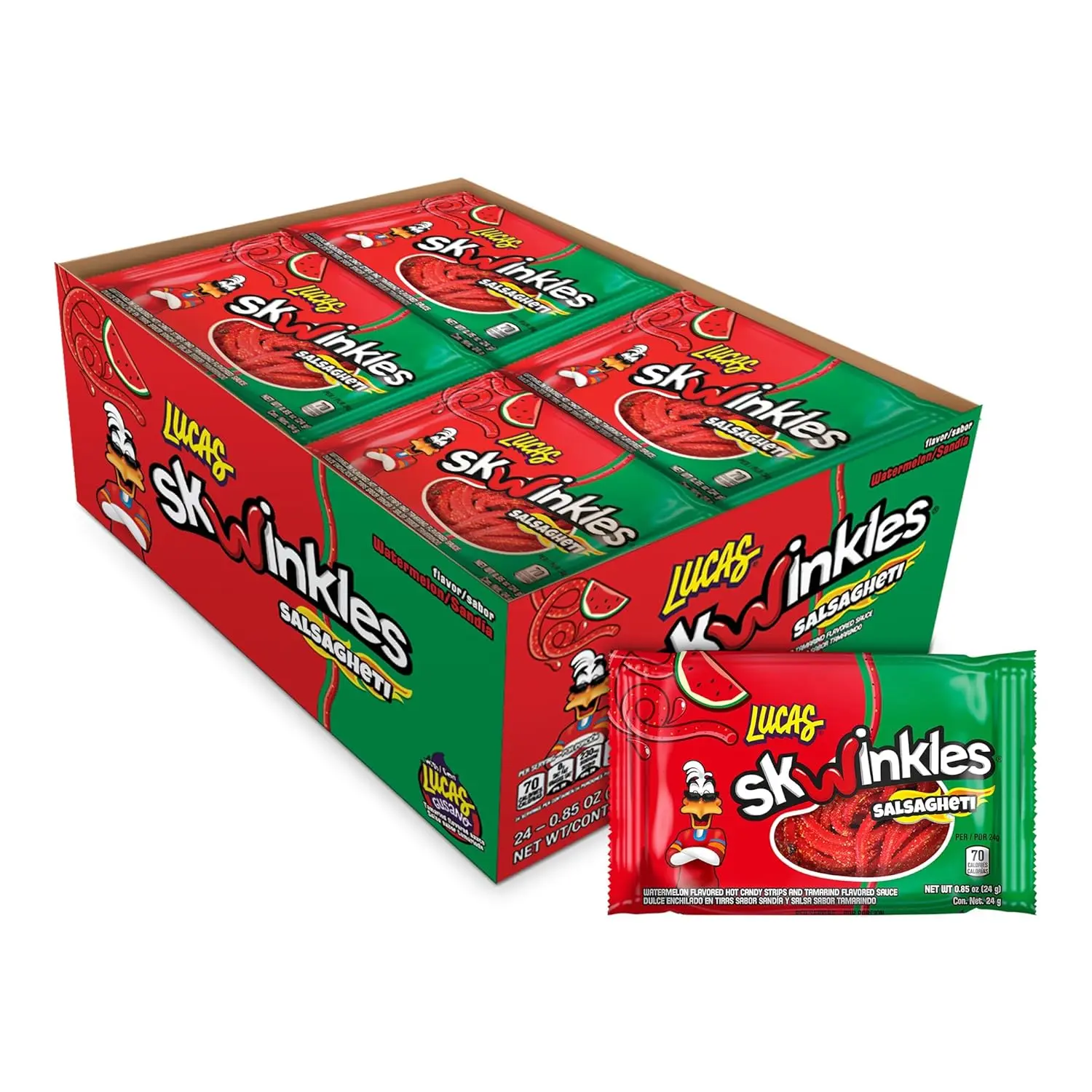 Lucas Salsagheti Watermelon Flavored Sweet & Hot Candy Strips and Tamarind Flavored Sauce, 0.84 oz - 12 Pieces Pack for Treats, Snack, Parties, Piñatas – Sweet