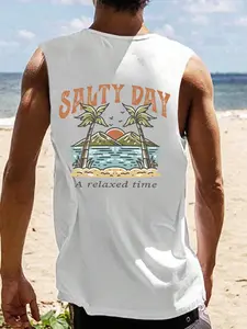 Men's Beach Graphic Print Tank Top, Regular Fit Casual Comfortable Breathable Round Neck Sleeveless Vest for Summer, Sleeveless Tank Tops, Men's Clothes for Beach Vacation