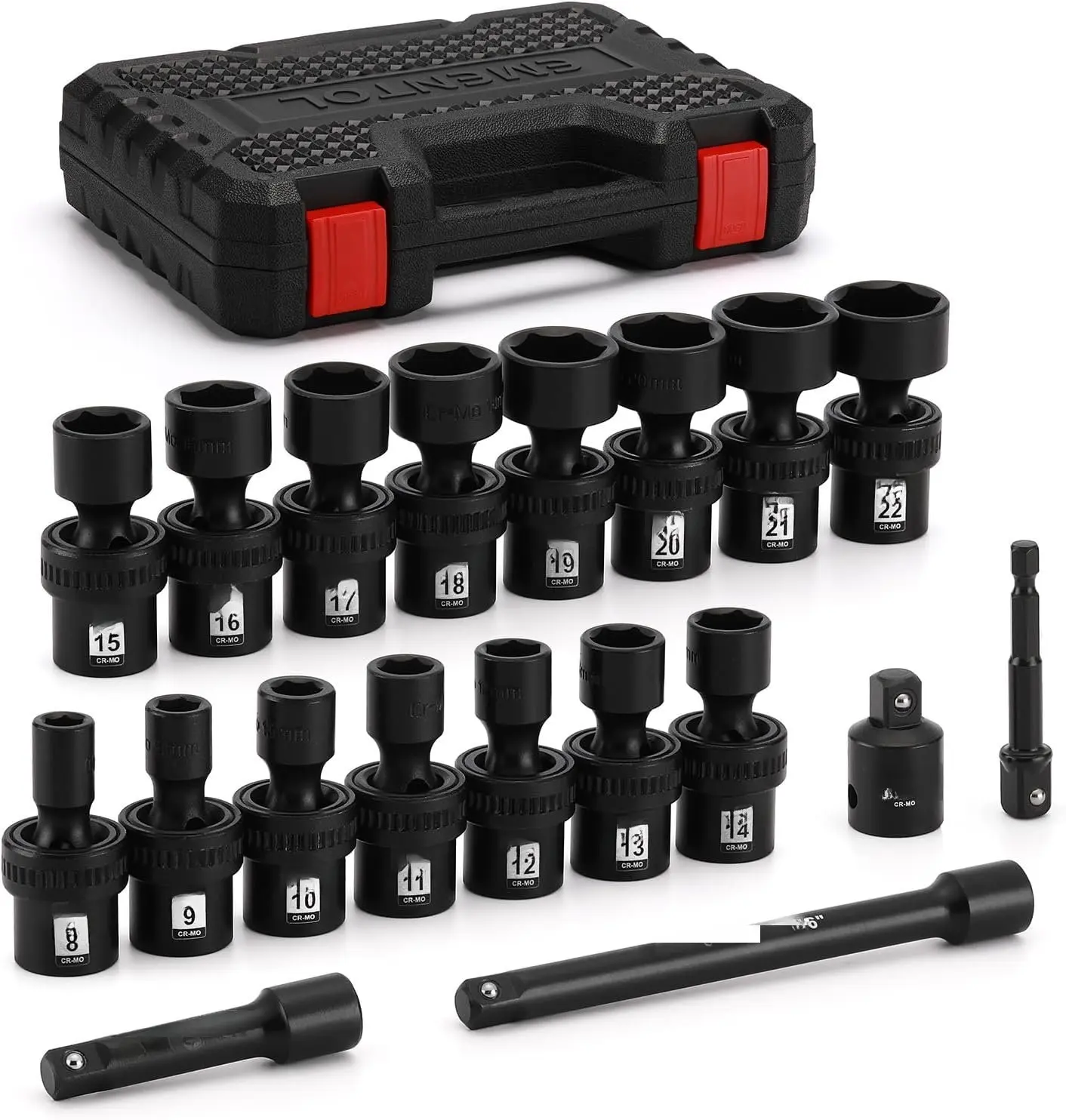 19 count 3/8" Drive Universal Impact Socket Set, Swivel Socket with Flexible Wobble, Metric 8mm - 22mm, CR-MO, 6 Point, Includes Extension Bars and Adapter