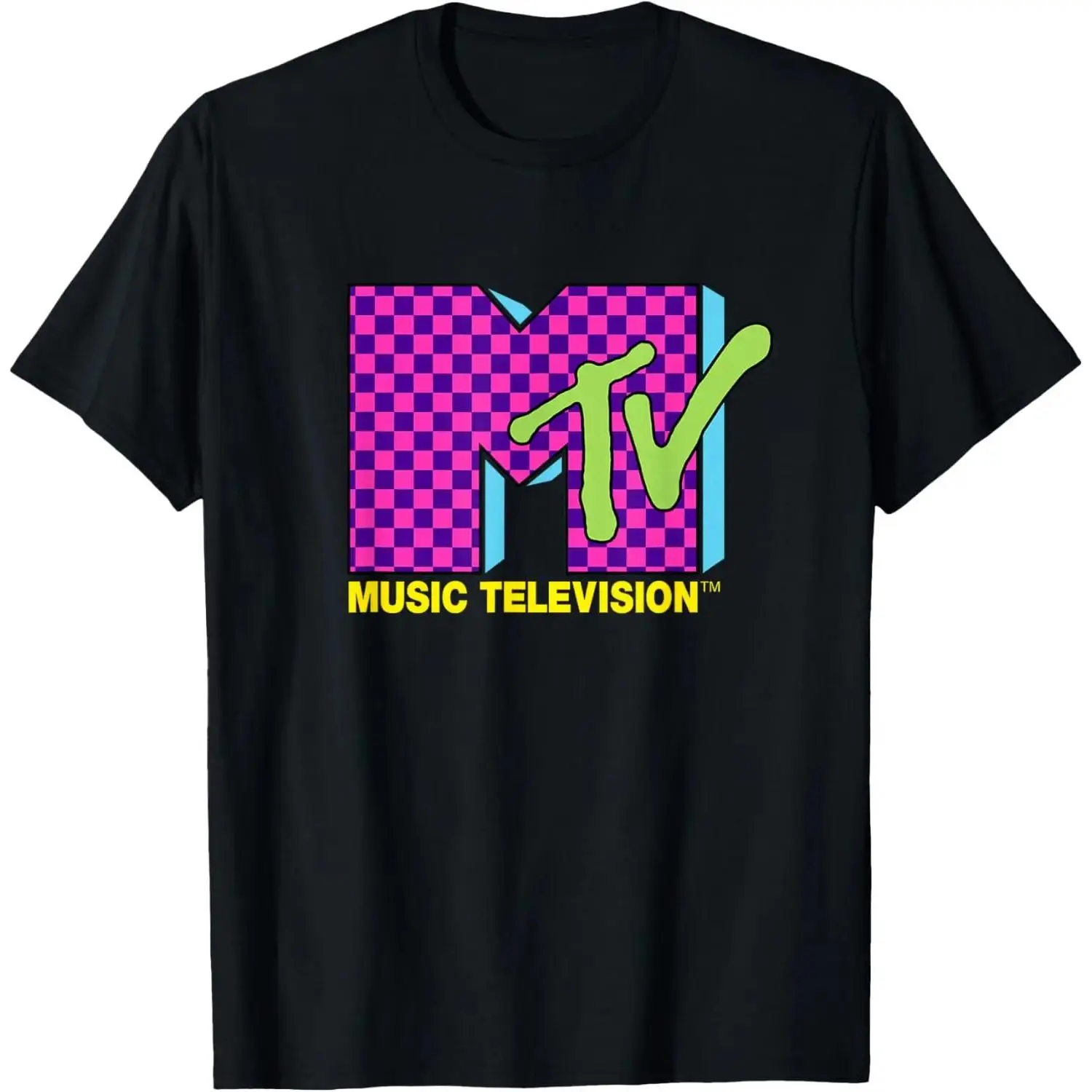Men's MTV Music Television Retro 80's Neon Pink Checkerboard Logo T-Shirt - Comfy, Relaxed Fit, Short-Sleeve, Breathable Classic Top, Tshirt, Shortsleeve, Round Neck, Cotton, Tee, Soft, Casual, Fabric
