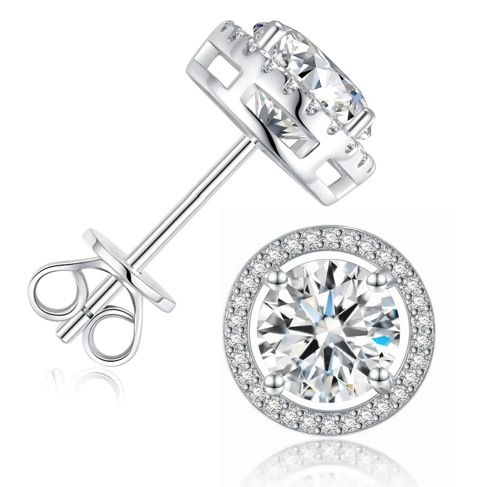 S925 Sterling Silver Halo Round Stud Earrings Set - 10mm Cubic Zirconia Studs, Classic High Quality Sparkling Ear Jewelry, Hypoallergenic Gift for Women, Wedding Daily Wear, High Quality Earrings