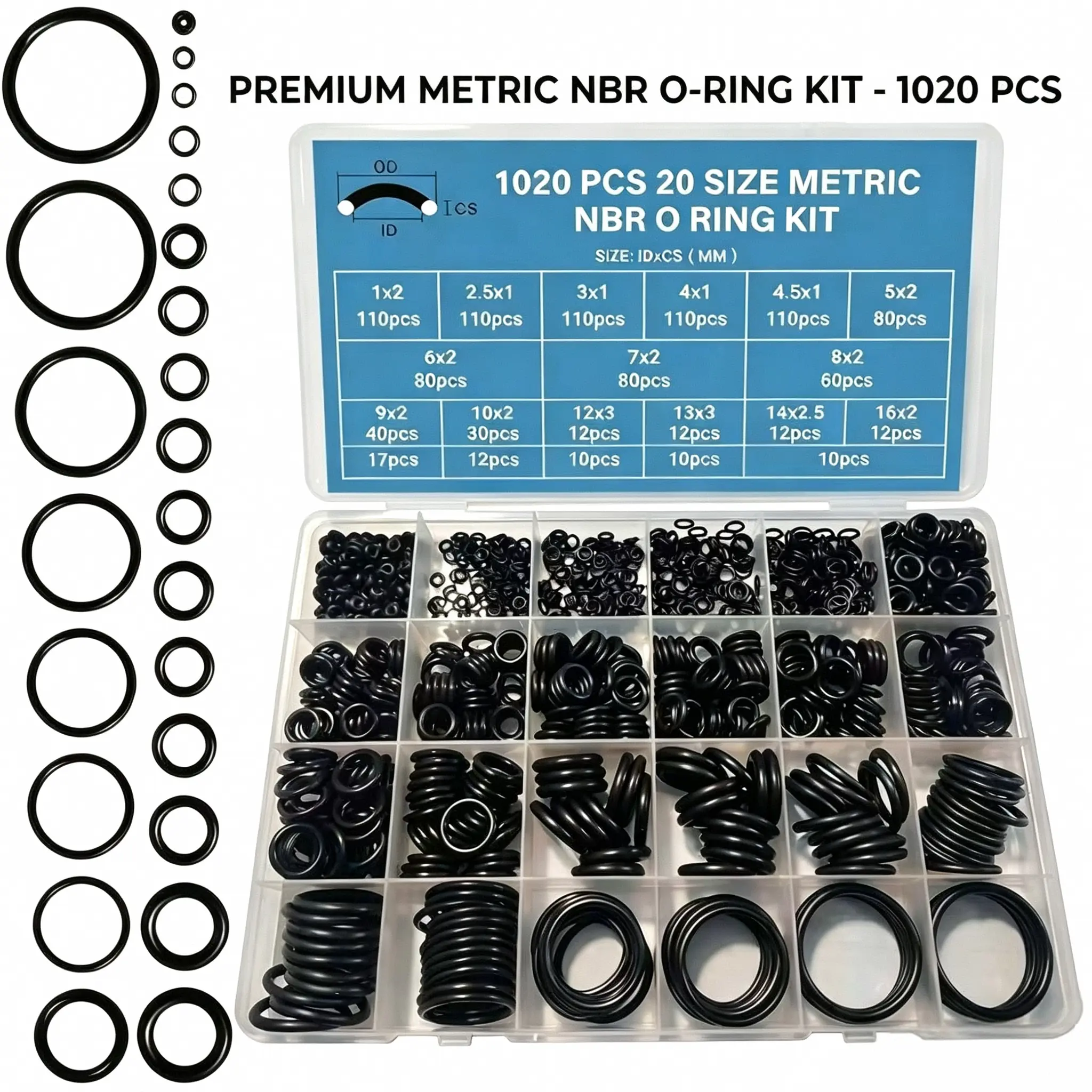 1020 Pcs O Ring Kit Industrial Parts 20 Size Nitrile Rubber O Ring Assortment Set for Hardware Car Auto Vehicle Repair Faucet Plumbing Air or Gas Sealing Connections Heavy Duty Resist Oil and Heat