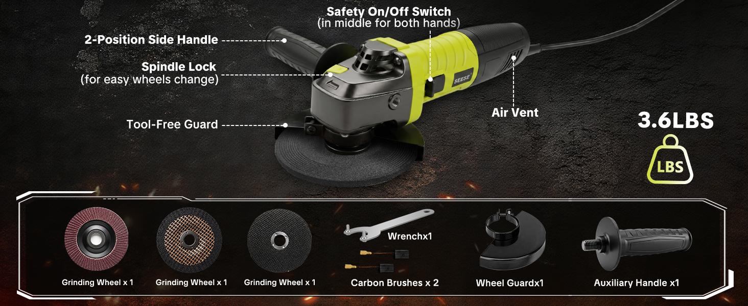 SEESE Angle Grinder, 5 Inch 8 Amp 11000PRM Electric Grinder Tool 6-Variable-Speed Metal Grinderand Cutting Wheels, Flap Disc and Auxiliary Handle for Cutting, Grinding, Polishing and Rust Removal
