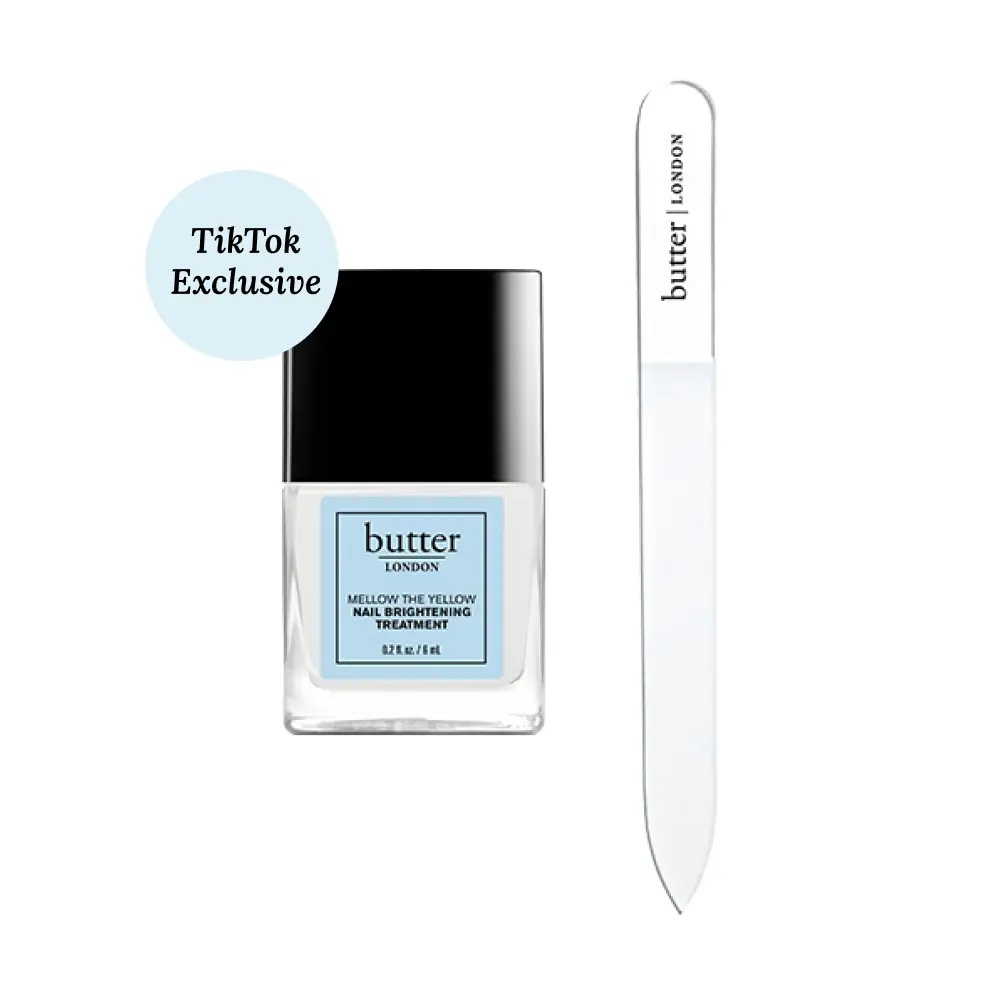butter LONDON Iridescent Pearl Mani Healthy Nail Glow Treatment Duo | Strengthening & Brightening Nail Set, Nail Strengthening Treatment for Discolored Nails + Strengthening Nail Brightener with Pearly Finish + Reusable Czech Glass Nail File