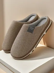 Men's Casual Textile Slippers, Soft Fleece Lined, Anti-Slip Thick Sole, Breathable Weave Fabric, Winter Comfort Home Shoes