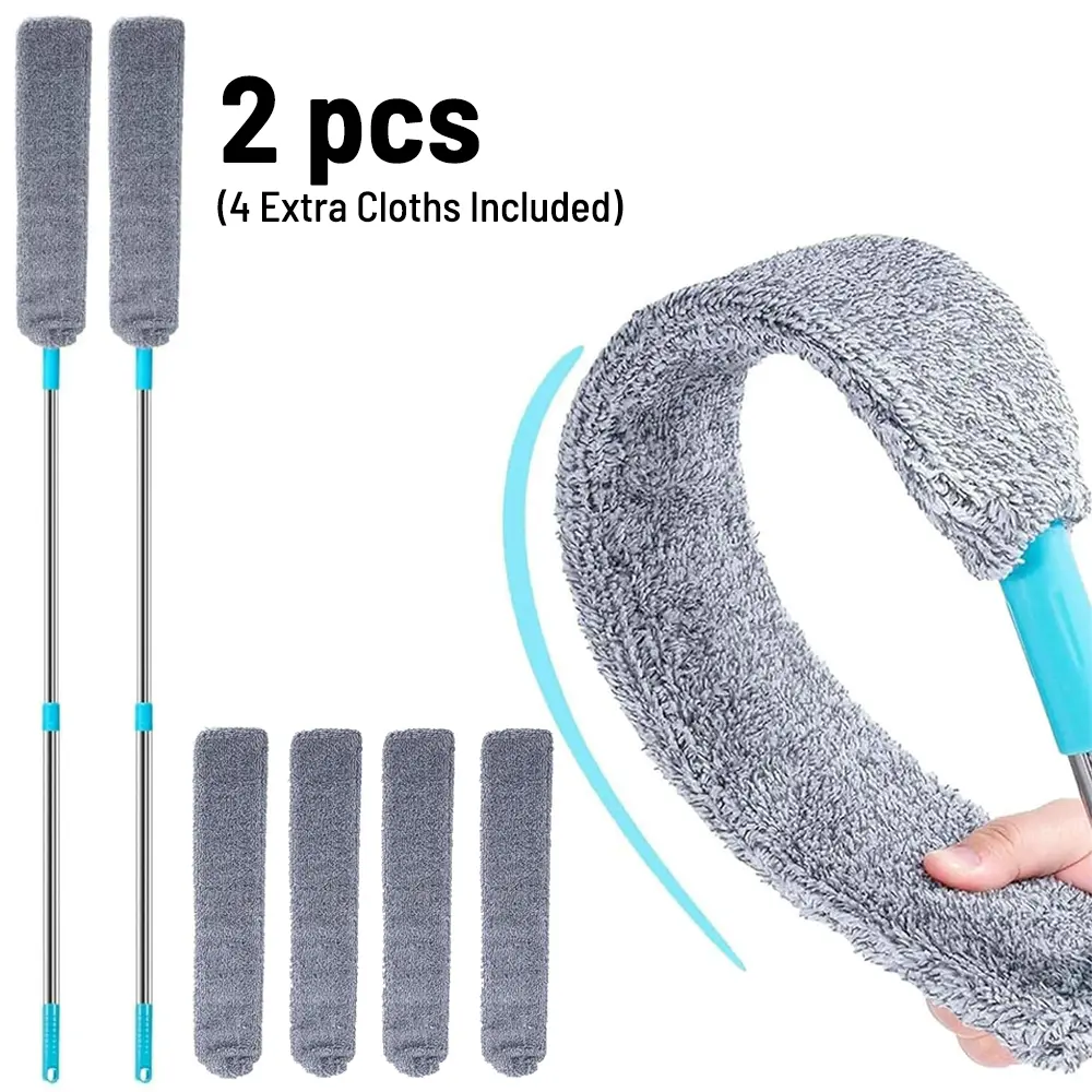 2pcs Extendable Handle Duster Set - Lightweight Adjustable Durable Household Cleaning Tool with 4 Electrostatically Charged Microfiber Cloths, 32-48.5in Bendable Retractable Brush for Cleaning Under Furniture, Kitchen