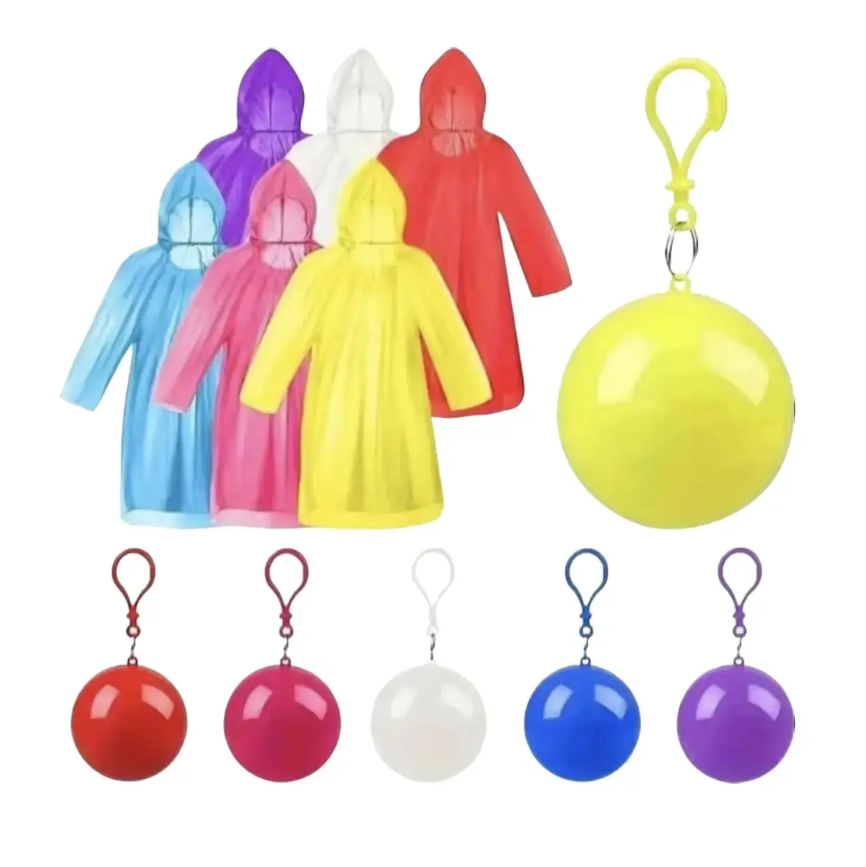 Unisex PVC Adult Rain Ponchos (4 Pcs) - Multi-Color, Waterproof, Eco-Friendly, Lightweight with Keychain Ball, All Seasons Camping&Hiking Light Outdoor Rain Protection Raincoats