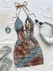 Women's Retro Vintage Animal Print Leopard Zebra Backless Sleeveless Ruched Mini Dress, Deep V Neck, Slim Fit, Perfect for Vacation, Dates, Parties, Nightclubs, 2026 Fashion