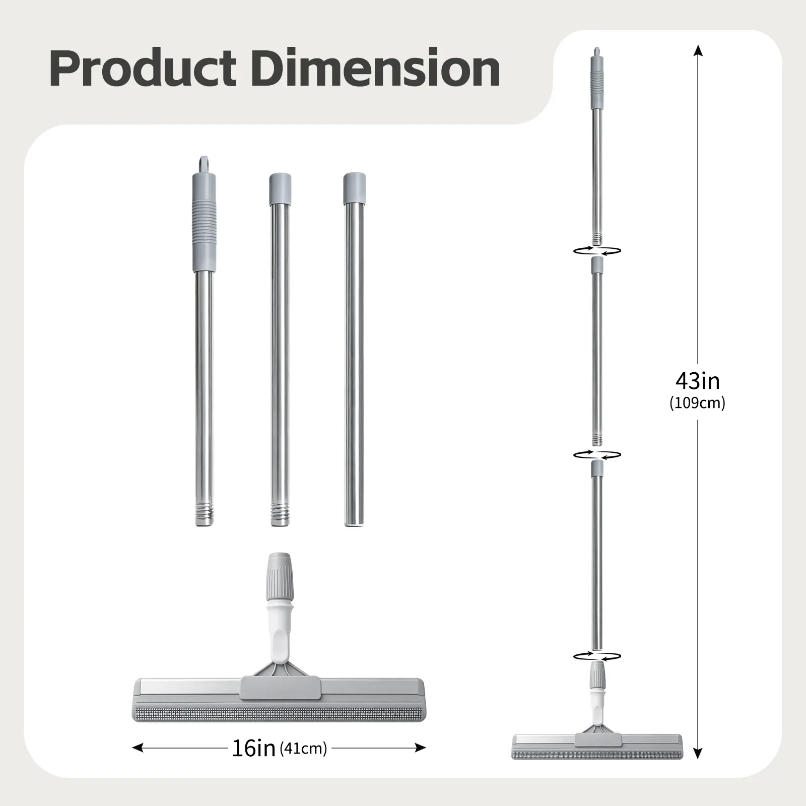 2-in-1 Silicone Multi-Functional Broom & Floor Squeegee - 180° Swivel Head, Scrub Brush, Pet Hair Remover, 43" Adjustable Handle, 16" Wide for Hardwood, Tile