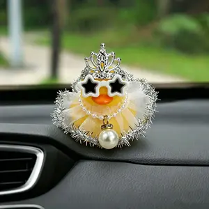 1pc Princess Style Rubber Duck Car Dashboard Decoration, Yellow Duck Ornament with Sunglasses, Pearl Necklace and Tulle Skirt, Cute Car Interior Decor Accessories, Car Interior Ornaments