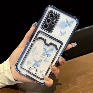 S25 Ultra Popular Series Card Holder Slot Phone Case For Compatible With Samsung Galaxy S25 Ultra Transparent Plating Cover and Elegant Silver and Blue Dreamy Butterfly Protector