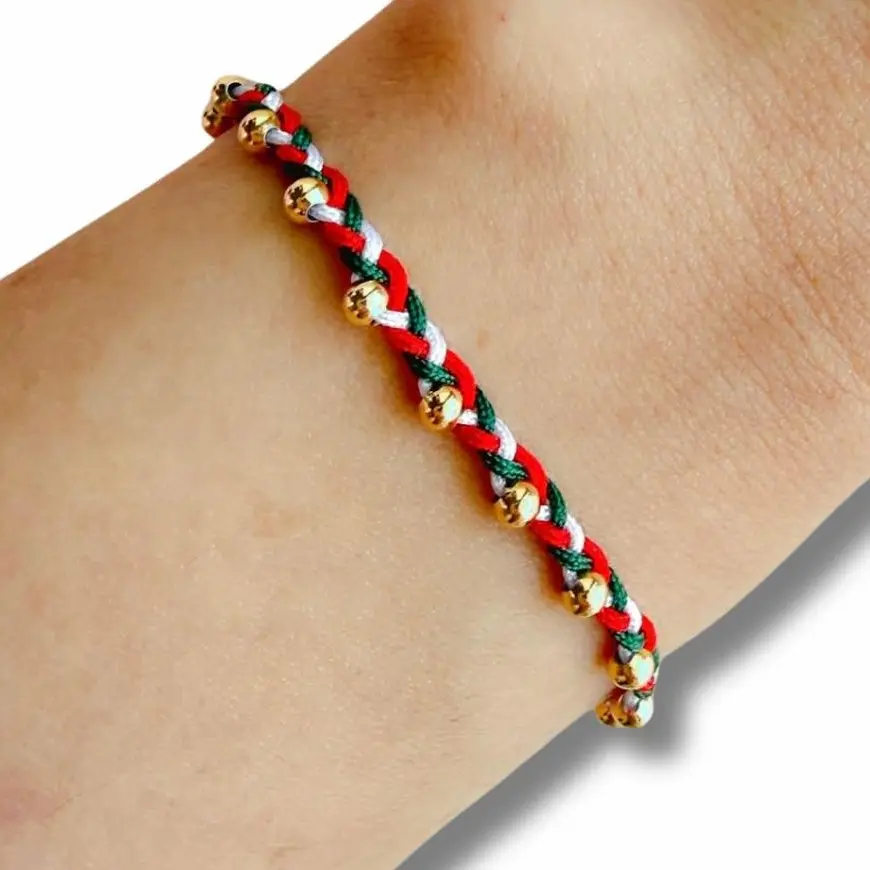 Tiny Mexico Flag Bracelet, Adjustable Braided Bracelet with Green White Red Beads, 18K Gold Plated Brass for Women