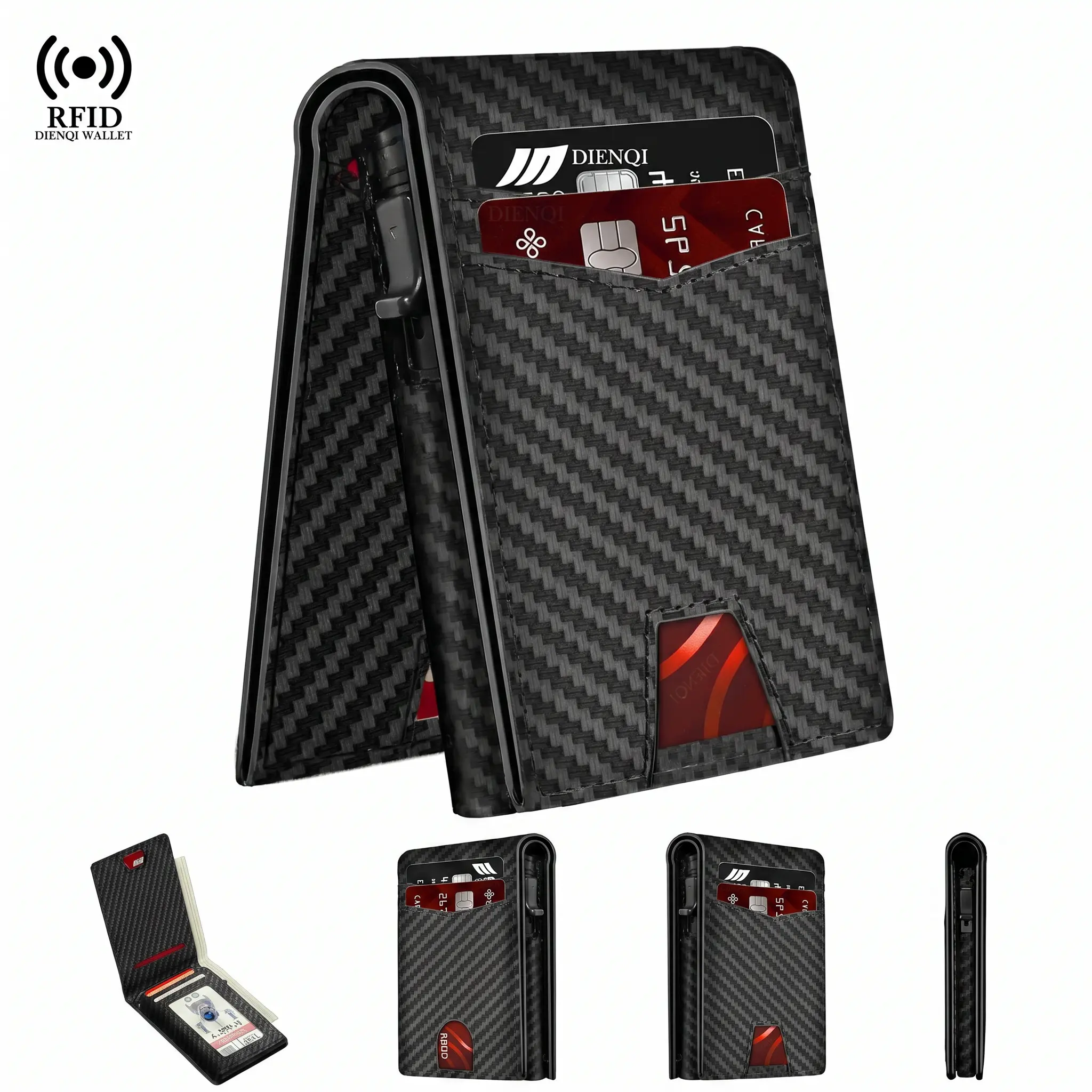Men's Slim Bifold Carbon Fiber & Leather Wallet with RFID Blocking, Pop-Up Card Holder, ID Window, Cash Slot, Card Slots, Card Slots Men's Wallets
