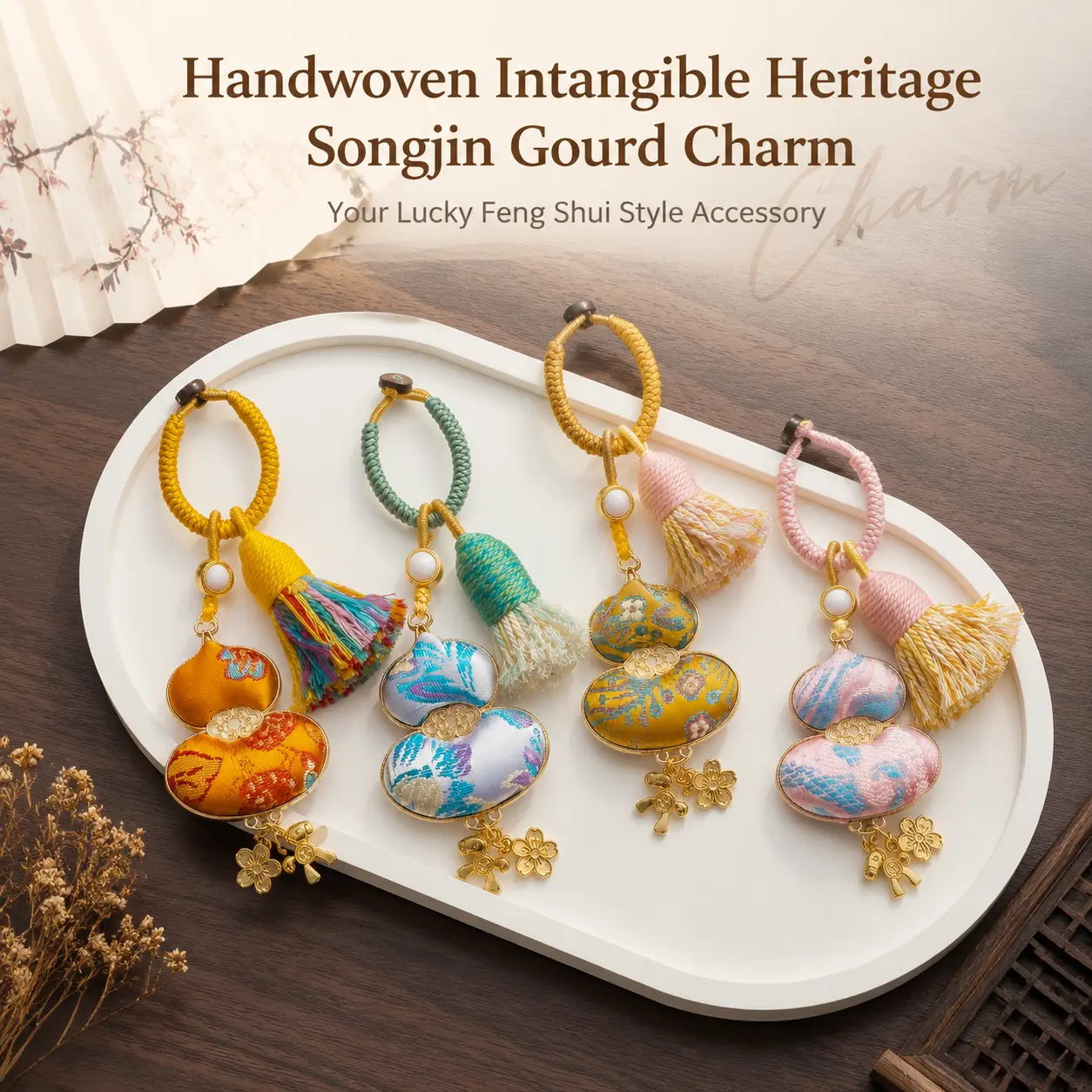 Handmade Song Brocade Keychain, Chinese Style Embroidery Good Luck Charm with Gourd Pony, Unisex Alloy Bag Pendant