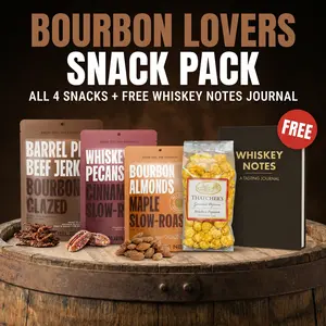 Bourbon Lover Snack Gift Set | Bourbon Jerky, Almonds, Pecans, Butter Caramel Popcorn + FREE Whiskey Tasting Journal