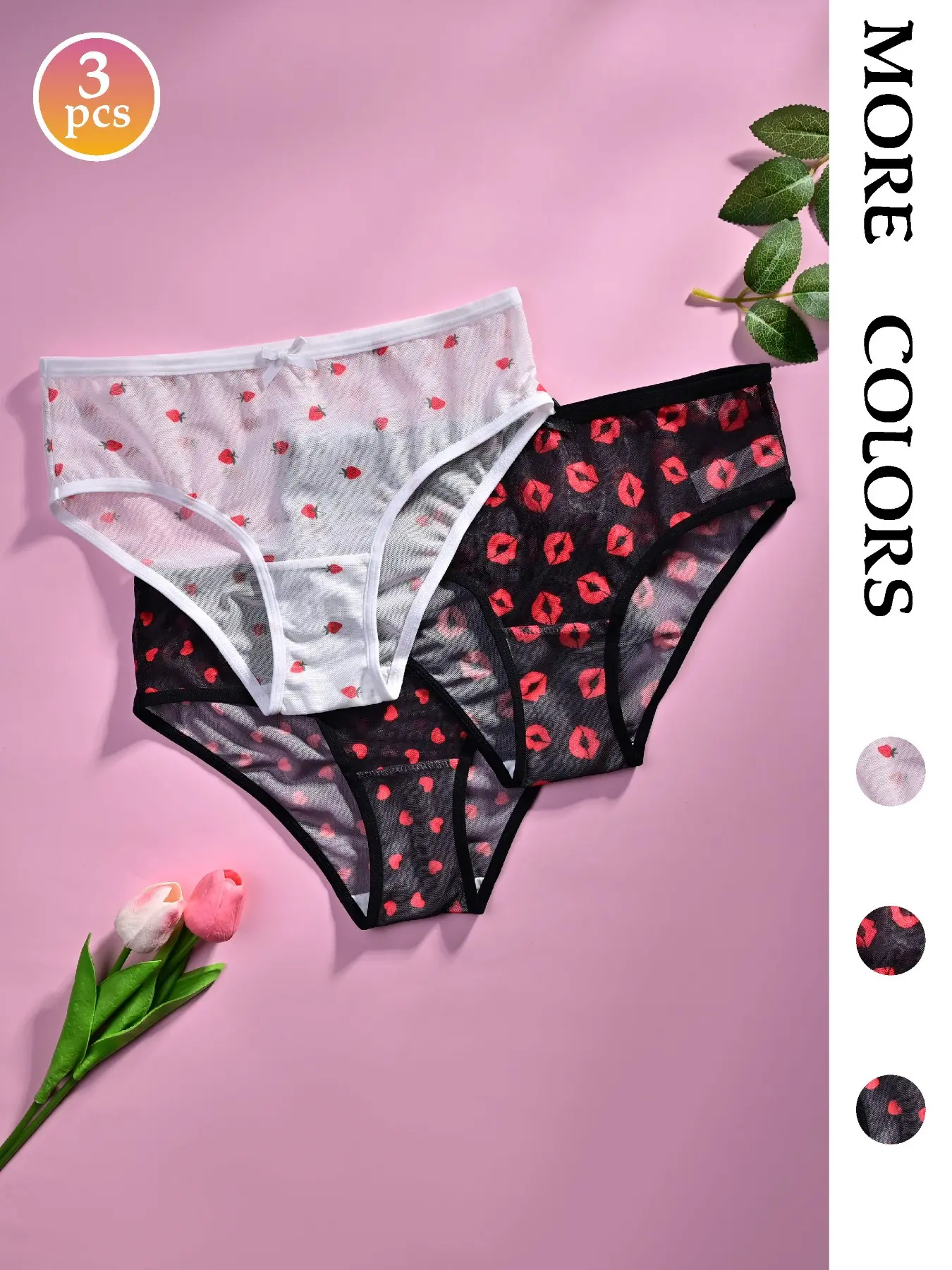 3-Pack Sweet and Spicy Girl's Mesh Triangle Underwear Panties, Casual Strawberry Lip Heart Print, Breathable Fitted Skin-Friendly for Dating, Outing, Home or Gifting