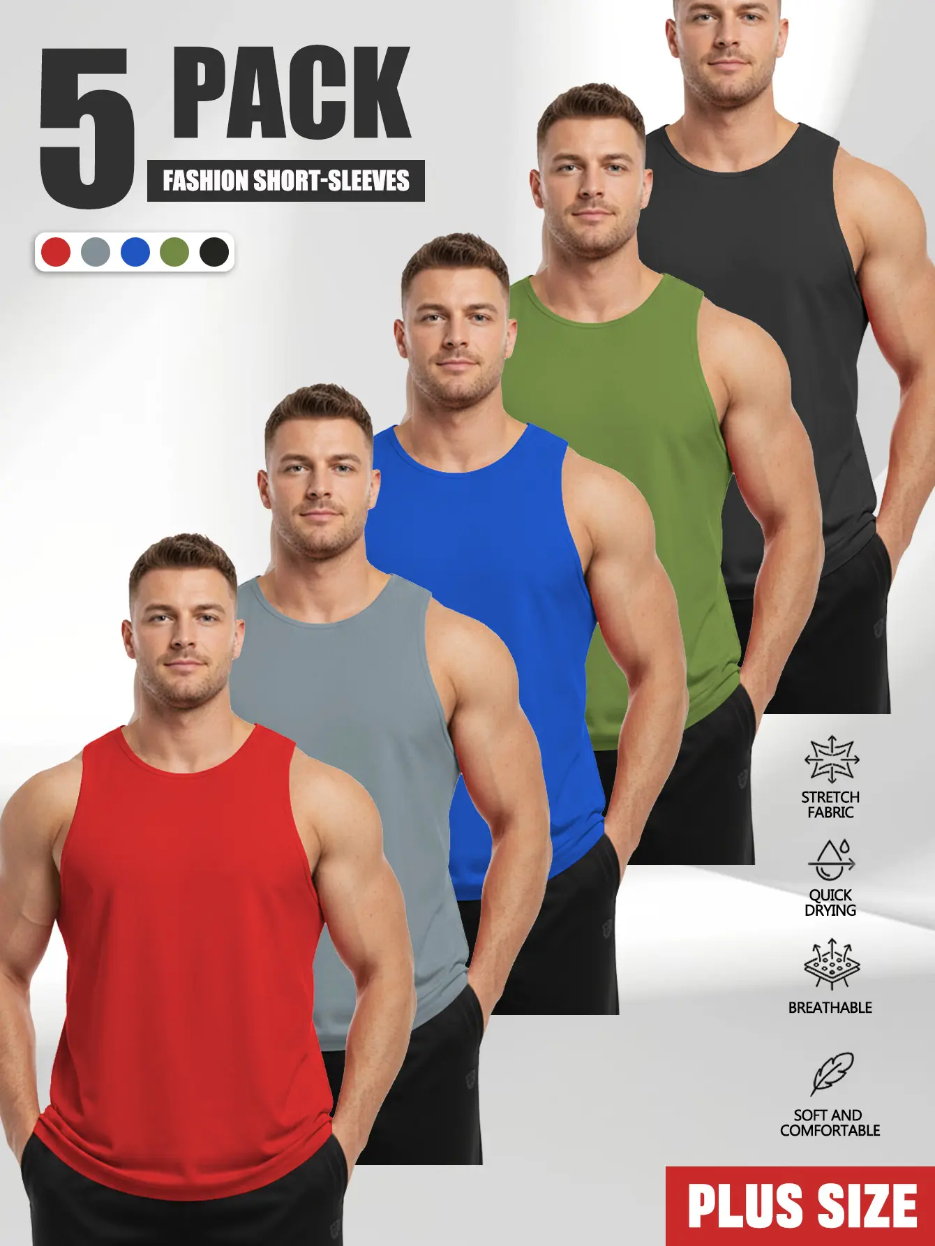 Set of 5 men’s plus-size tank tops, breathable and comfortable fabric, suitable for casual outings and outdoor sports.