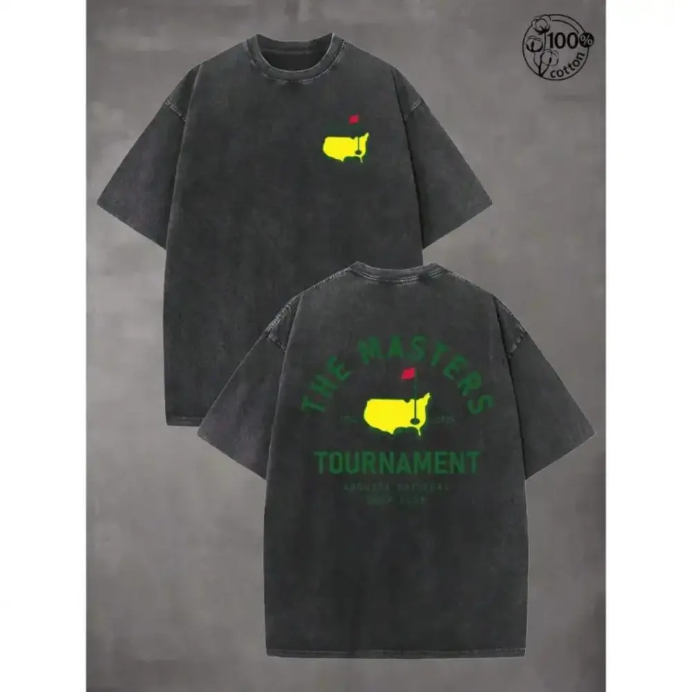 "THE MASTERS" golf pattern unisex washed T-shirt,DTG Process Unisex Loose-Fitting T-shirt, Washed Casual Top (100% Cotton, 280g), Smooth Fabric, Minimalist Style, Street Style, Classic T-shirt, Makes a Great Gift.
