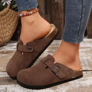Suede Clogs Sandals for Women Adjustable Buckle Slip-on Cork Footbed Mules with Antislip Sole - Unisex Slippers Brown