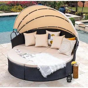 HOMALL Outdoor Daybed with Retractable Canopy Sectional Rattan Round Bed for Patio