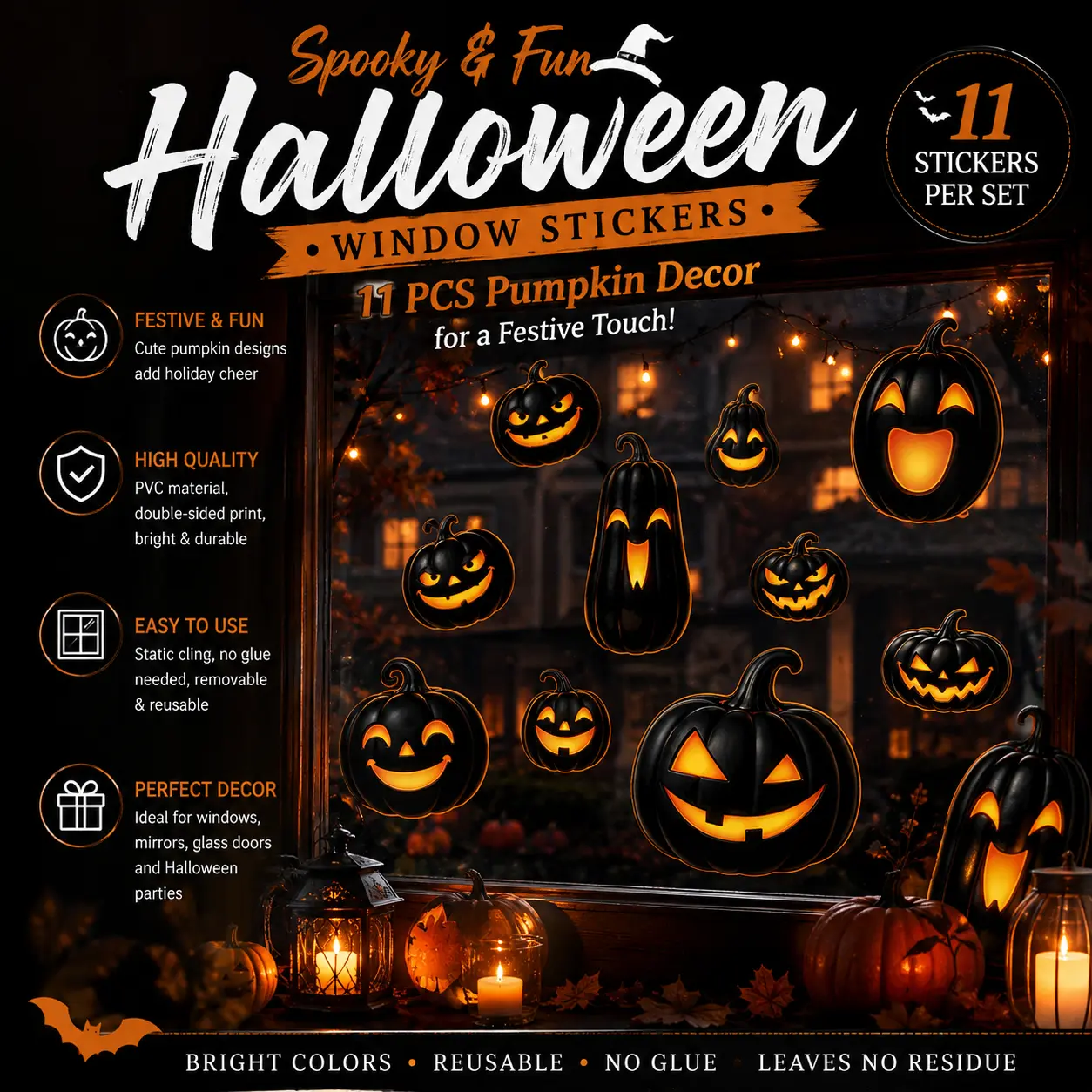 Halloween Pumpkin Window Clings – Removable Cartoon Jack-O’-Lantern Decals for Home, Glass & Storefront Decorations