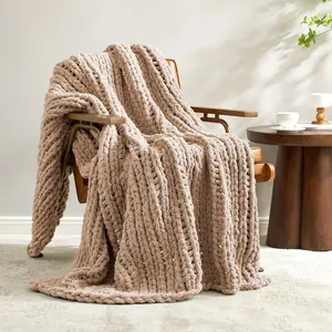 Chunky Knit Handmade Chenille Cable Knitted Crochet Throw Blanket, Beige-Amelie Home