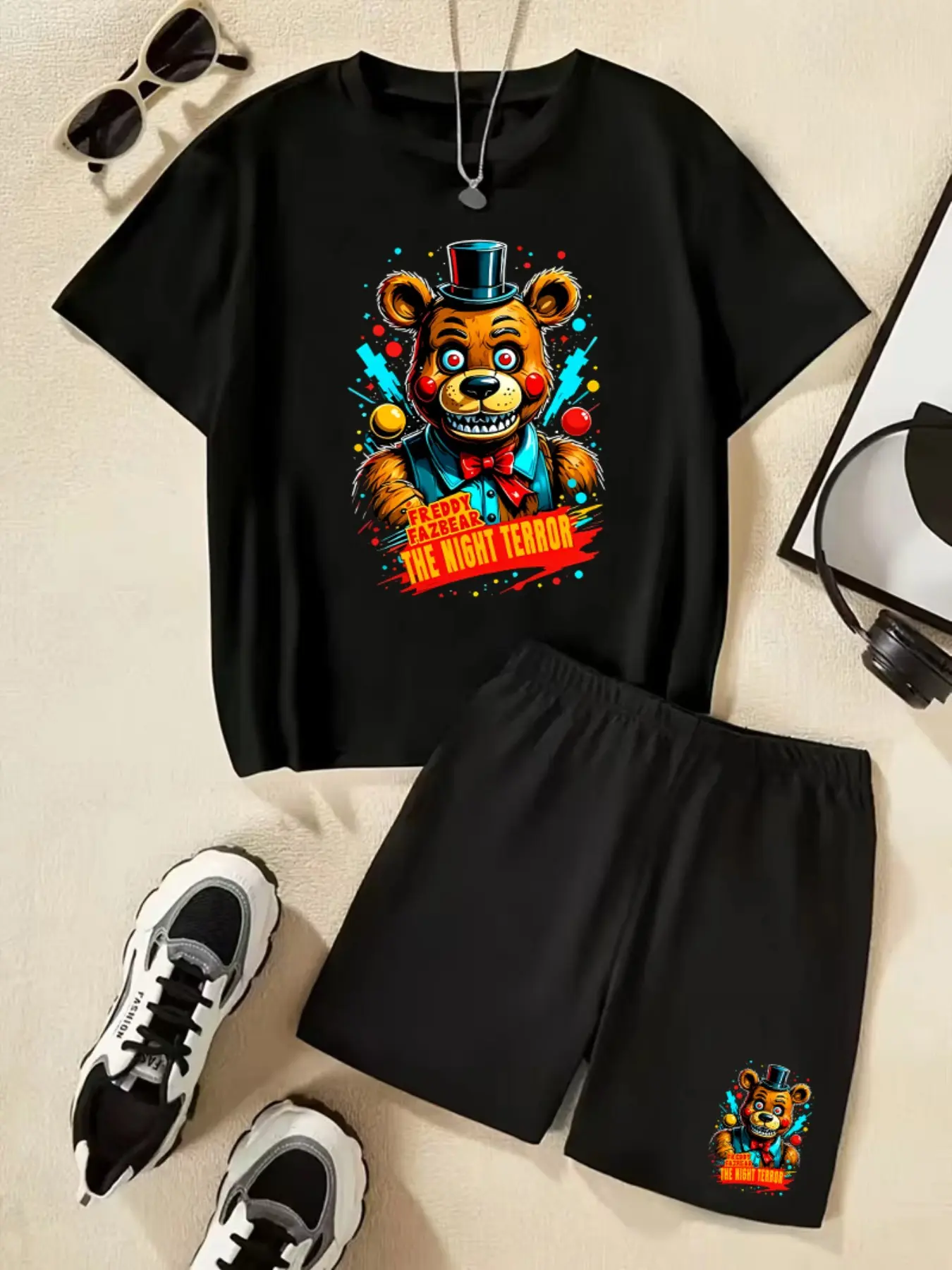 Five Nights At Freddy's Freddy Fazbear Printed Children's Short-Sleeved Combined Outfit Sets Summer Casual, Comfortable, Fashionable, Everyday, Outdoor Versatile T-Shirt And Shorts Set, Ideal Gift Choice
