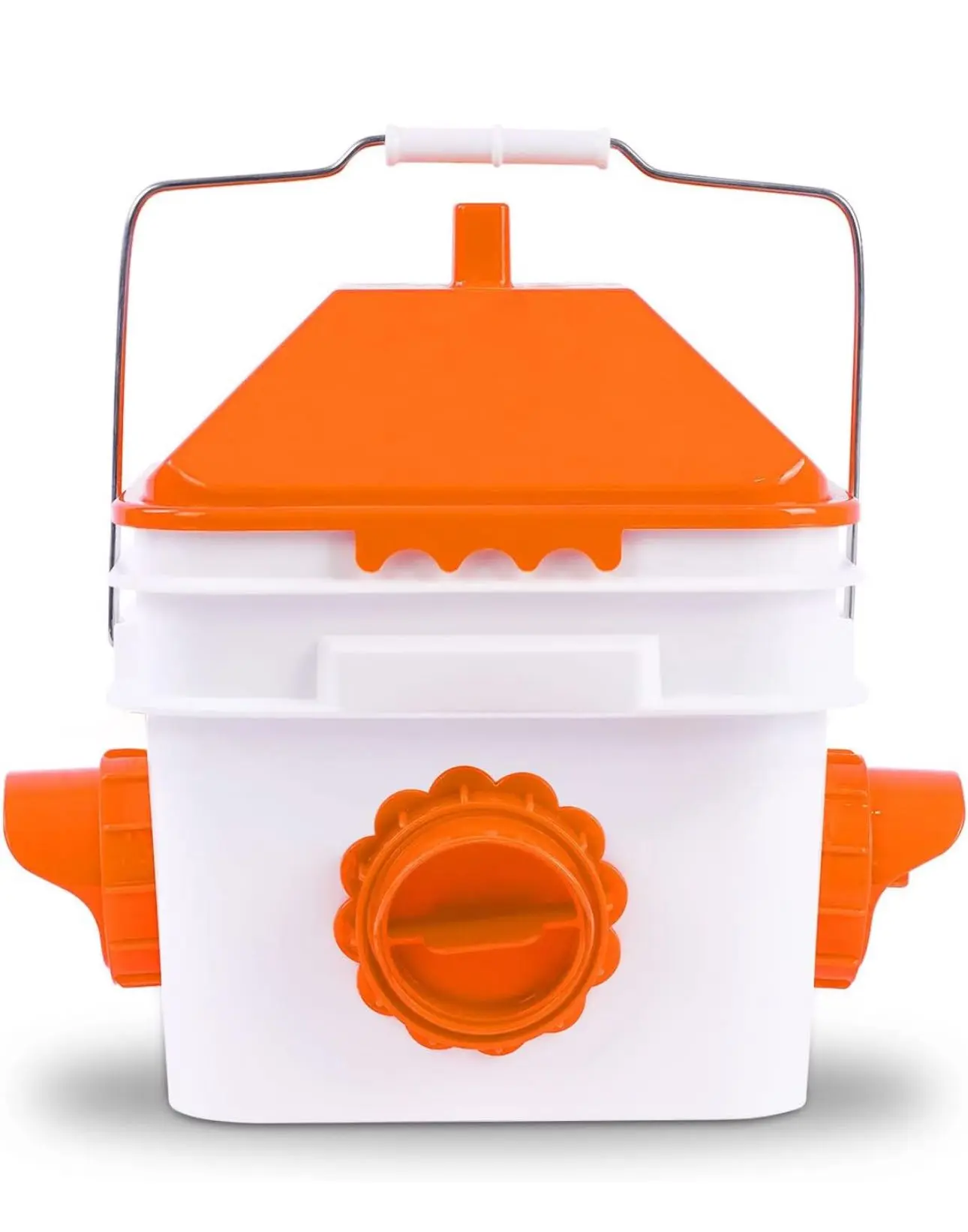 10 lbs Polypropylene Waterproof Cone Poultry Feeder with 4 Ports & Multi Chicken Feeder Bowls, Farm Animal Feeding Tool for Up to 10 Adult Chickens or 15 Chicks (Orange), Bucket, Lid, 10 Pounds Feed