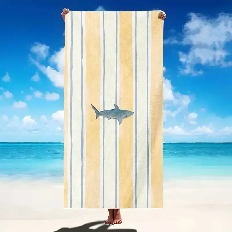 Watercolor Blue Shark Blue Striped Beach Towel, Soft Super Absorbent Microfiber, Lightweight, Quick Drying Towels, Perfect for Beach Party Travel Camping