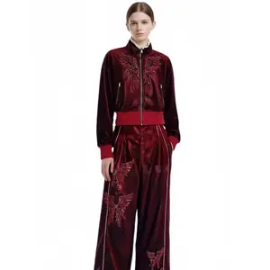 TCH Women’s 2-Piece Velvet Tracksuit | Burgundy Wing Embroidery | Vintage Zip-up Jacket & Flare Trousers Outfit Set Red