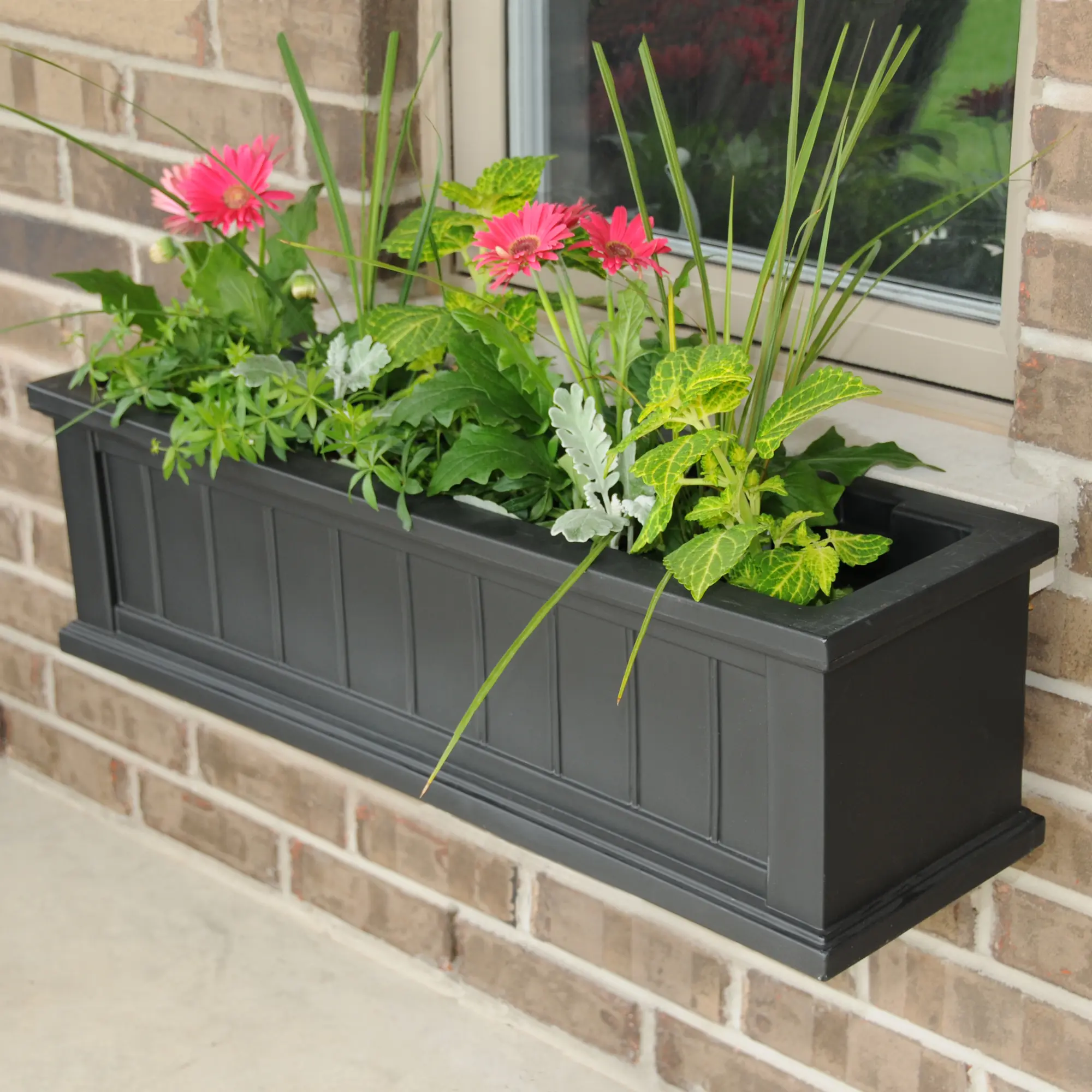 212 Main Black Molded Plastic Window Box Planter - Double Wall Polyethylene Design, Sub-Irrigation Water System for Root Growth, 3 Wall Mount Brackets, 32.5"L x7.5"W x8"D, 7 Gal, Outdoor Decor Flower Pots & Planters, Beaded Panel, Boosts Curb Appeal