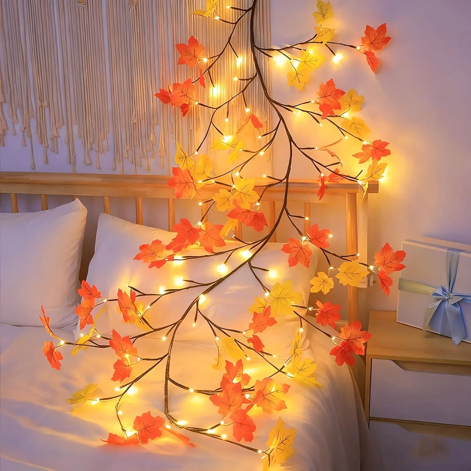 Maple Leaf LED Branch Light Strip - 42/92/138 LEDs Willow Vine String Lights, 5 Lighting Modes, Realistic Flower Design, 1.2m USB Cable with USB Interface, Wall Lighting Fixtures for Dining Room, Indoor Home Decor