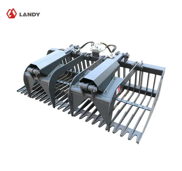 LANDY 84" Heavy-Duty Metal Skid Steer Rock Grapple Bucket - 84x41.4x32.6 in, 3.2" Spacings, 3/8" Bucket Tines, Dual Independent Grapple Arms, Twin Cylinders, Quick Attach Plate, Rock Clearing Attachment for Skid Steers
