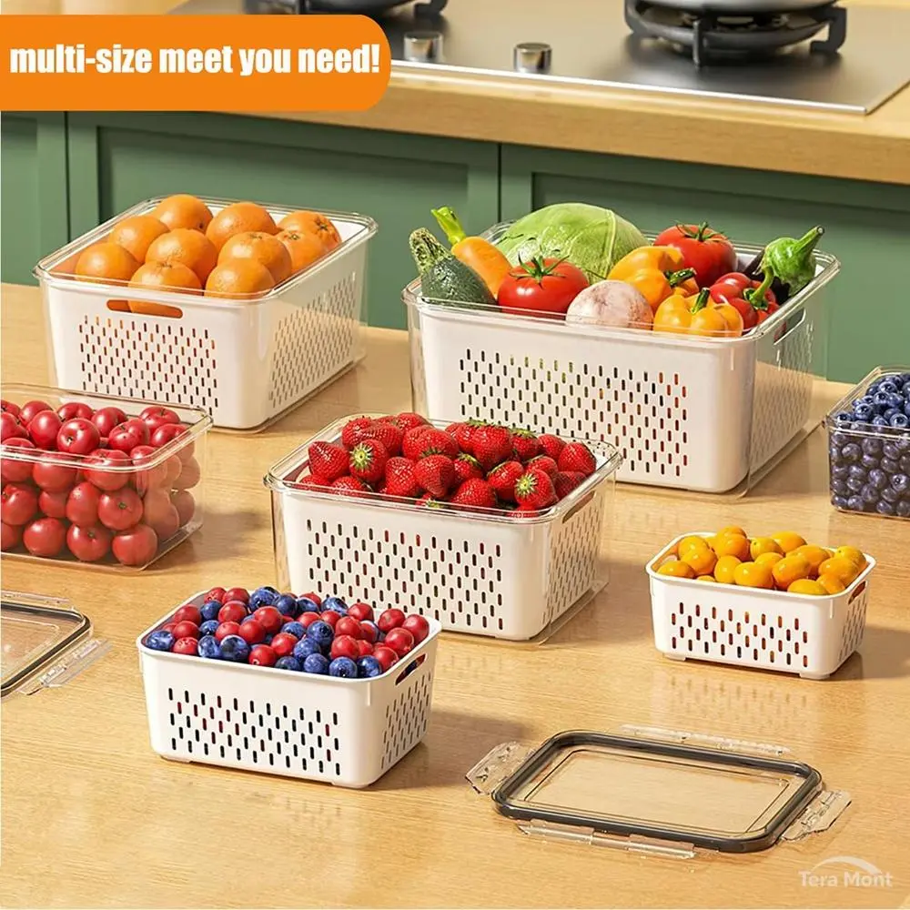 Rectangular Food Storage Containers, 4 Pack Stackable Plastic Fridge Organizers with Removable Colanders, Portable and Leak-Proof Bins for Fresh Kitchen Produce, Kitchen Preservation & Storage, Kitchen Organization