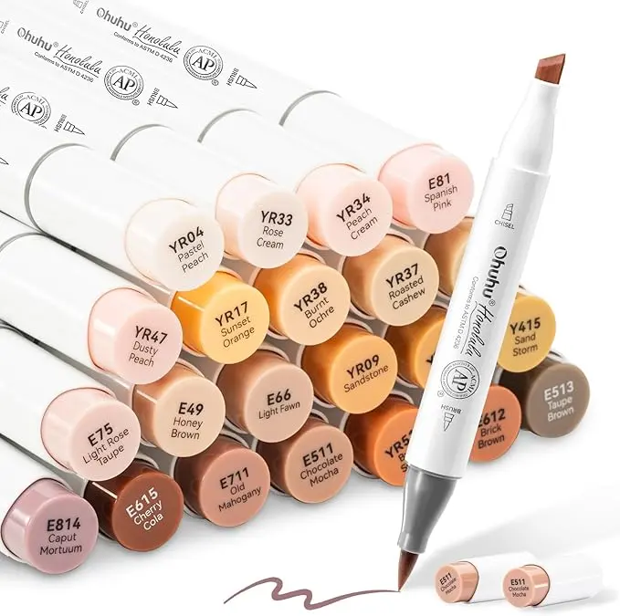 Ohuhu Alcohol Markers: Brush&Chisel - Brush&Fine - 24 Skin Tone - Portrait Colors Double Tipped Art Marker for Drawing Coloring Anime - Refillable Ink - Honolulu & B Series of Ohuhu