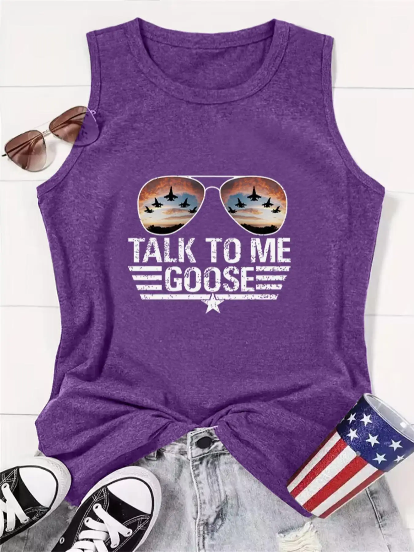 Women's Sunglasses & Letter Print Round Neck Tank Top, Summer Outfits 2024, Casual Sleeveless Top for Summer, Ladies Clothes for Daily Wear