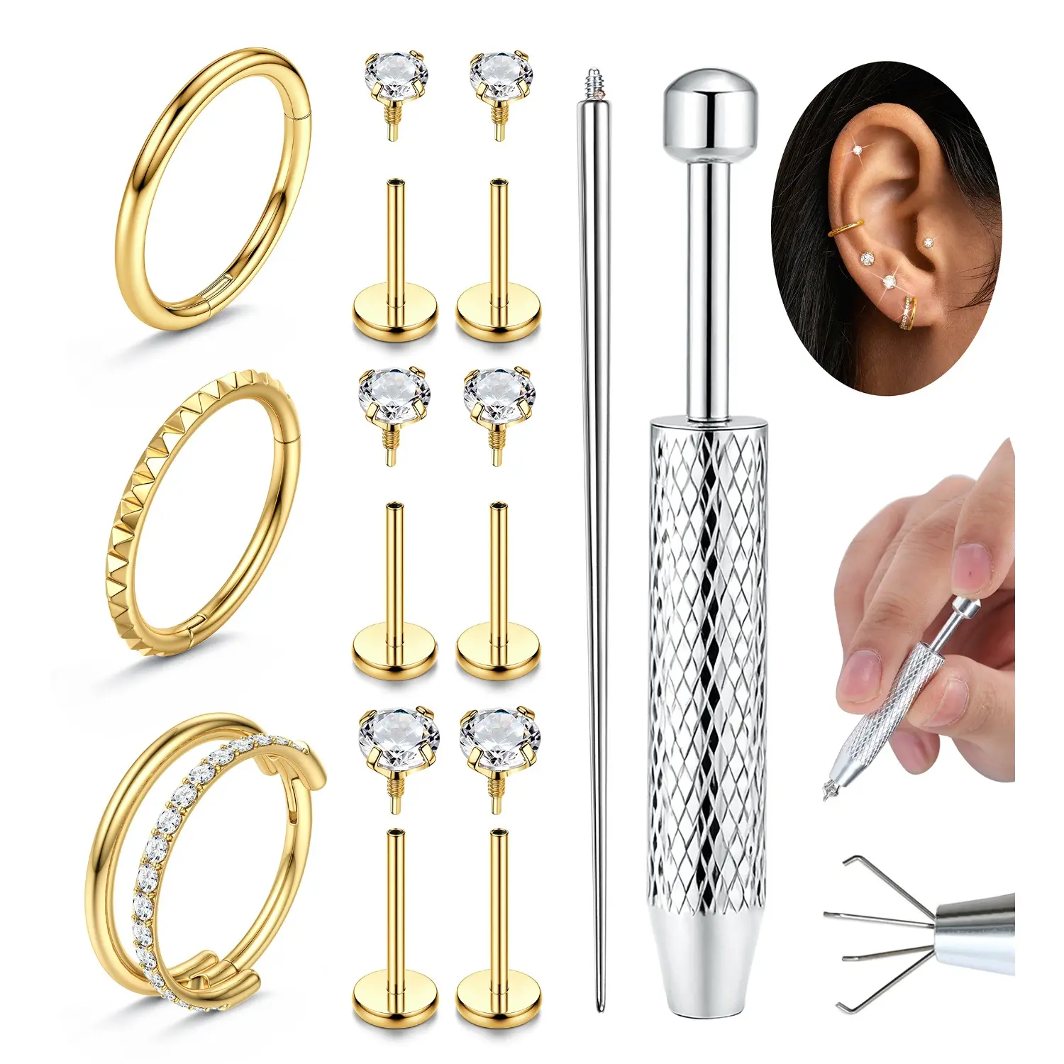 Viral 14K Gold Plated Flat Back Stud Hoop Earrings Nose Rings Studs for Women 316L Surgical Steel Stud Piercing Jewelry for Tragus Helix Cartilage Nose Hypoallergenic Lip Labret Medusa Piercing Body Chain