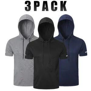 【Purchase One Size Larger】 3 Pack Solid Men's Lightweight Sports Short Sleeve Hoodie Workout Athletic Quick Dry Breathable Kangaroo Pocket Pullover Tops Bodybuilding Muscle T-Shirts for Gym Sweatshirt Running Outdoor Plus Size Activewear SummerVibes