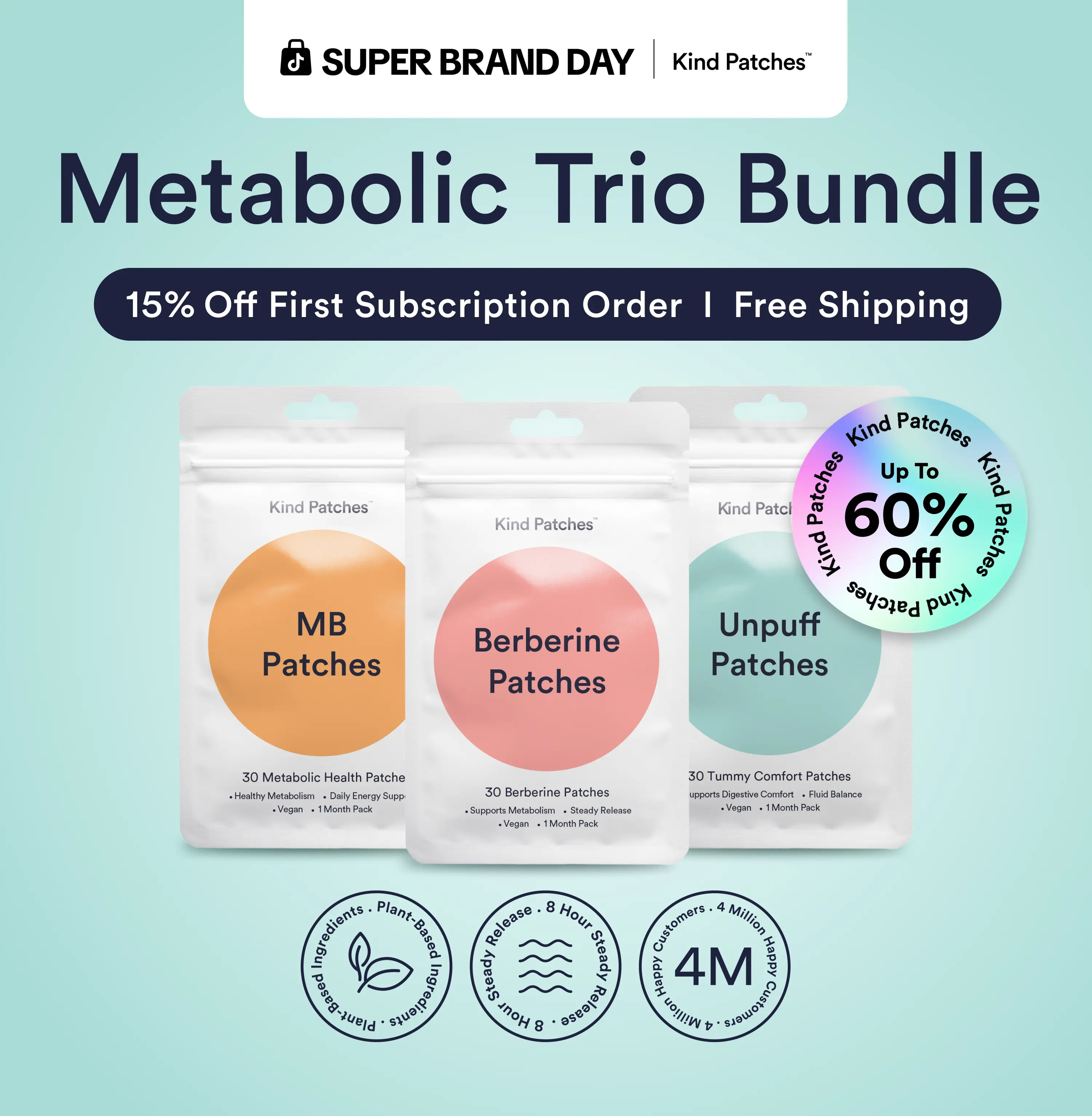 Kind Patches Metabolic Trio Bundle, MB Patches + Berberine Patches + Unpuff Patches, Metabolic Support, Clean Energy, Balanced Gut, Digestive Health, Natural Ingredients, 3 Months Supply