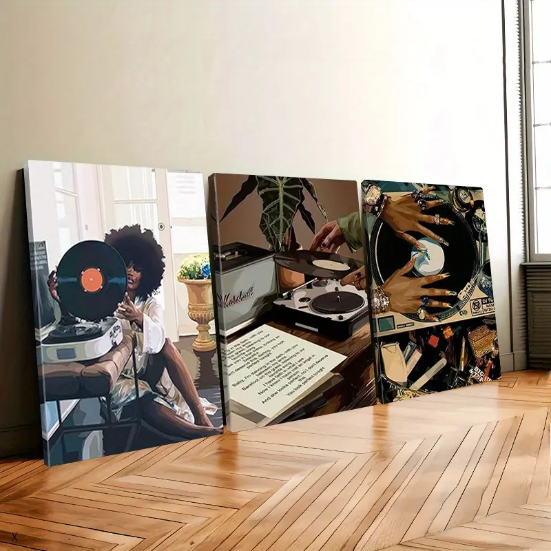 Women's Black 3-Piece Plaid Houndstooth Triple Panel Flat Framed African American Contemporary Art Prints - Glossy, Waterproof, Durable, Fade-Resistant Home Decor for Bedroom, Kitchen, Independence Day, Thanksgiving, Carnival, Juneteenth Home Supplies, 4T